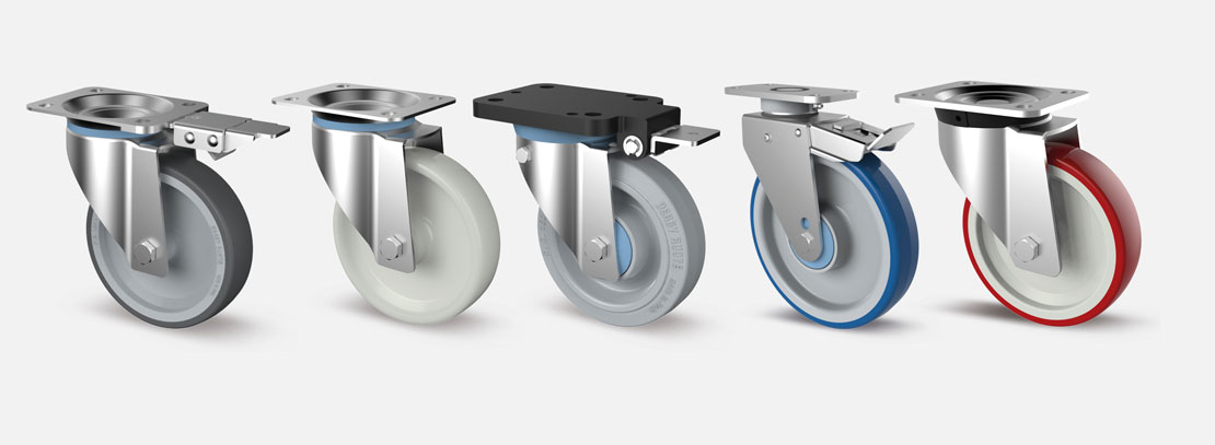 Castors with stainless steel housings suitable for medium load capacities industrial and food use, with frequent washing or in presence of aggressive agents